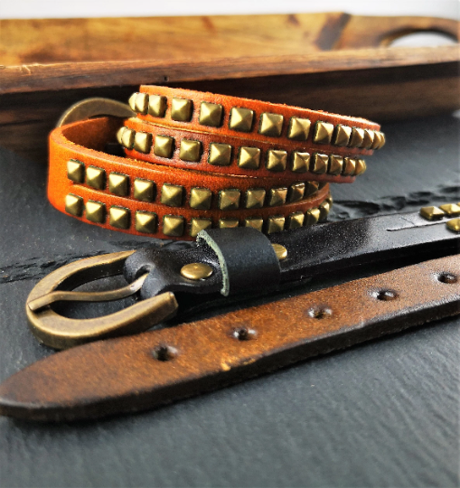 Armband, Wickelband, Lederband mit Nieten, Vintage-Stil, Farbauswahl, Braun Hellbraun, schwarz